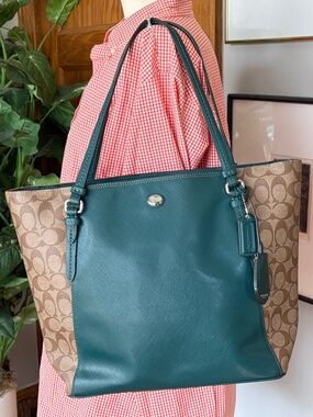Coach F30301 Peyton Coated Canvas Saffiano Tote Green and Khaki Purse Bag Laptop